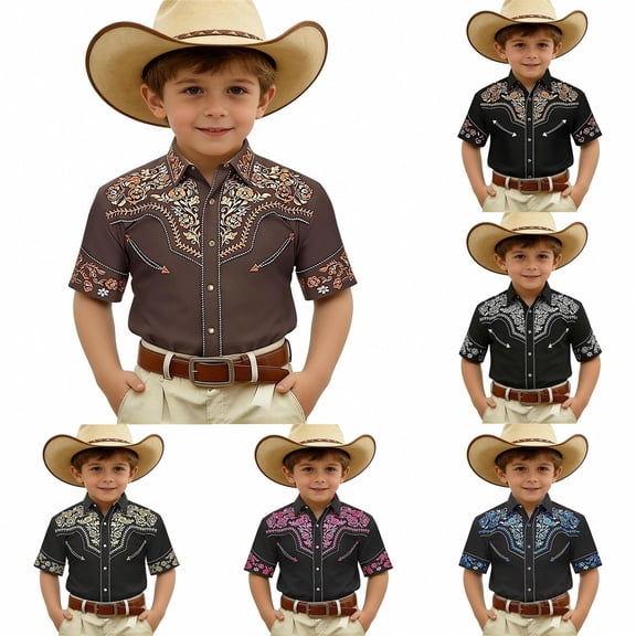 CAIXIA Western Baby Boy Clothes Button Down Short Sleeve Shirts Country Cowboy Dress Shirt Tops Summer Vintage Clothes