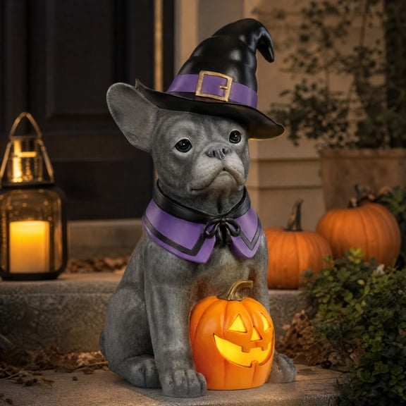 Clearance! Witch Dog Halloween Decor, Glowing French Bulldog Pumpkin Statue for Patio, Garden Decor, Halloween Gift