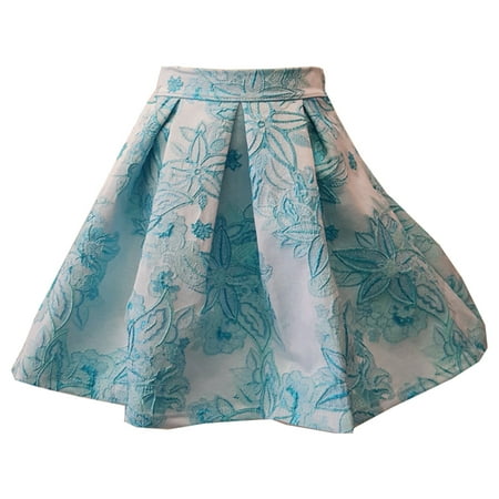 Flared Kids Skirt - Little Girls Blue Flower Embroidered Pleated Style Flared Stylish Skirt