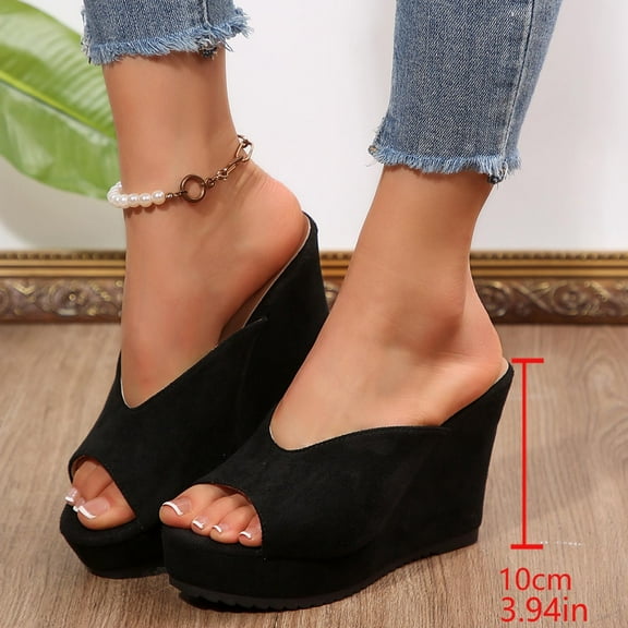 Slippers for Women Indoor Outdoor Wedge Thick Sole Open Toe Slip-on Peep Toe Slides Women Footwear Beach Sandal Casual Wear Vacation Daily Shoes Black 5.5