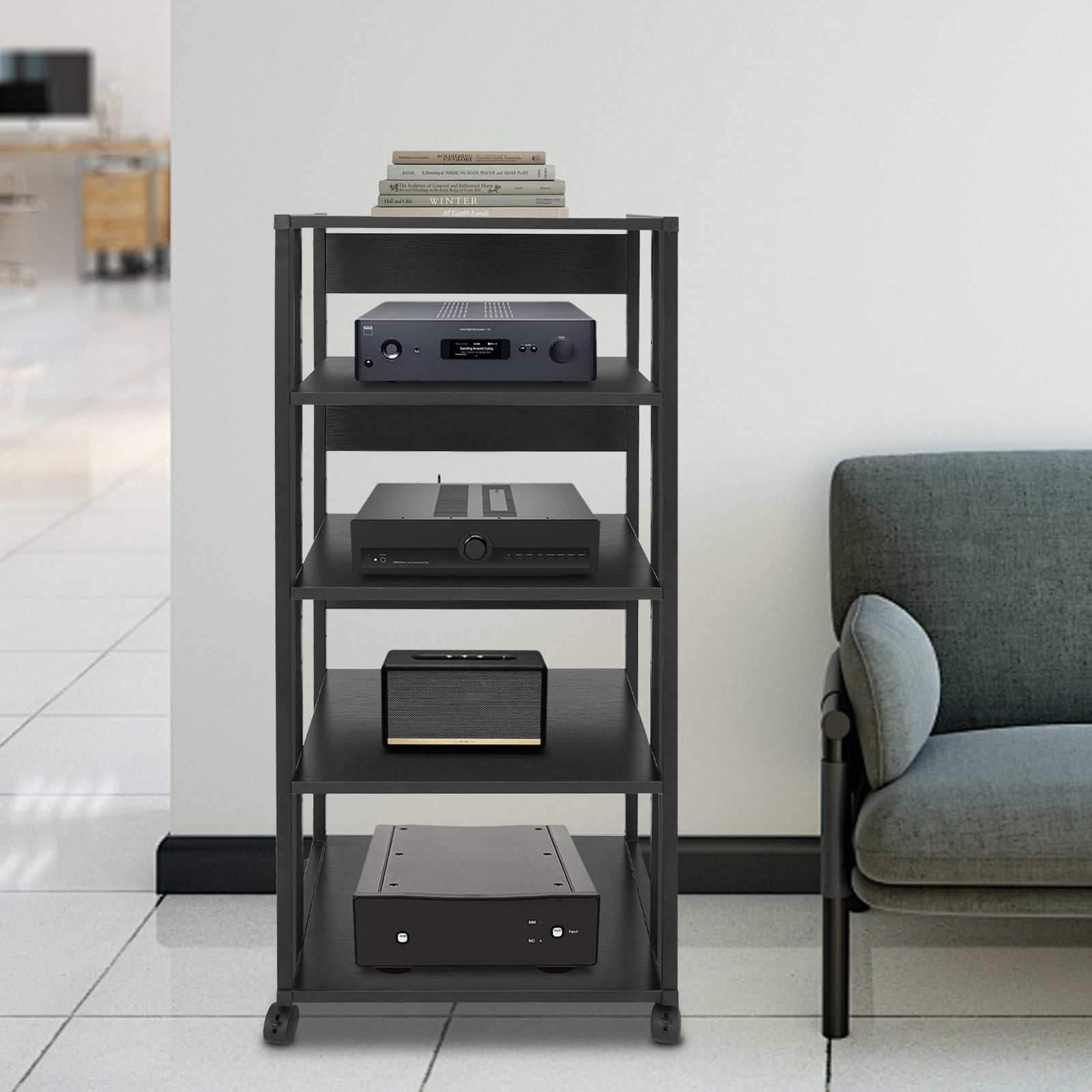 ToppiJoy 5-Tier AV Component Media Stand Stereo Cabinet, Audio-Video Tower Stereo Audio Rack Stand with Wheels for Home Office Black