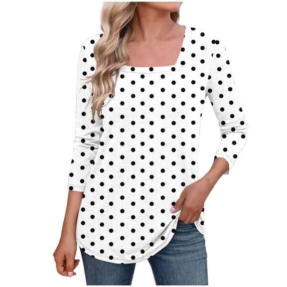 zbxnLI Plus Size Women's Square Neck Tops 3/4 Sleeve Shirts Polka Dot Casual Basic Tees Spring Summer Clothes