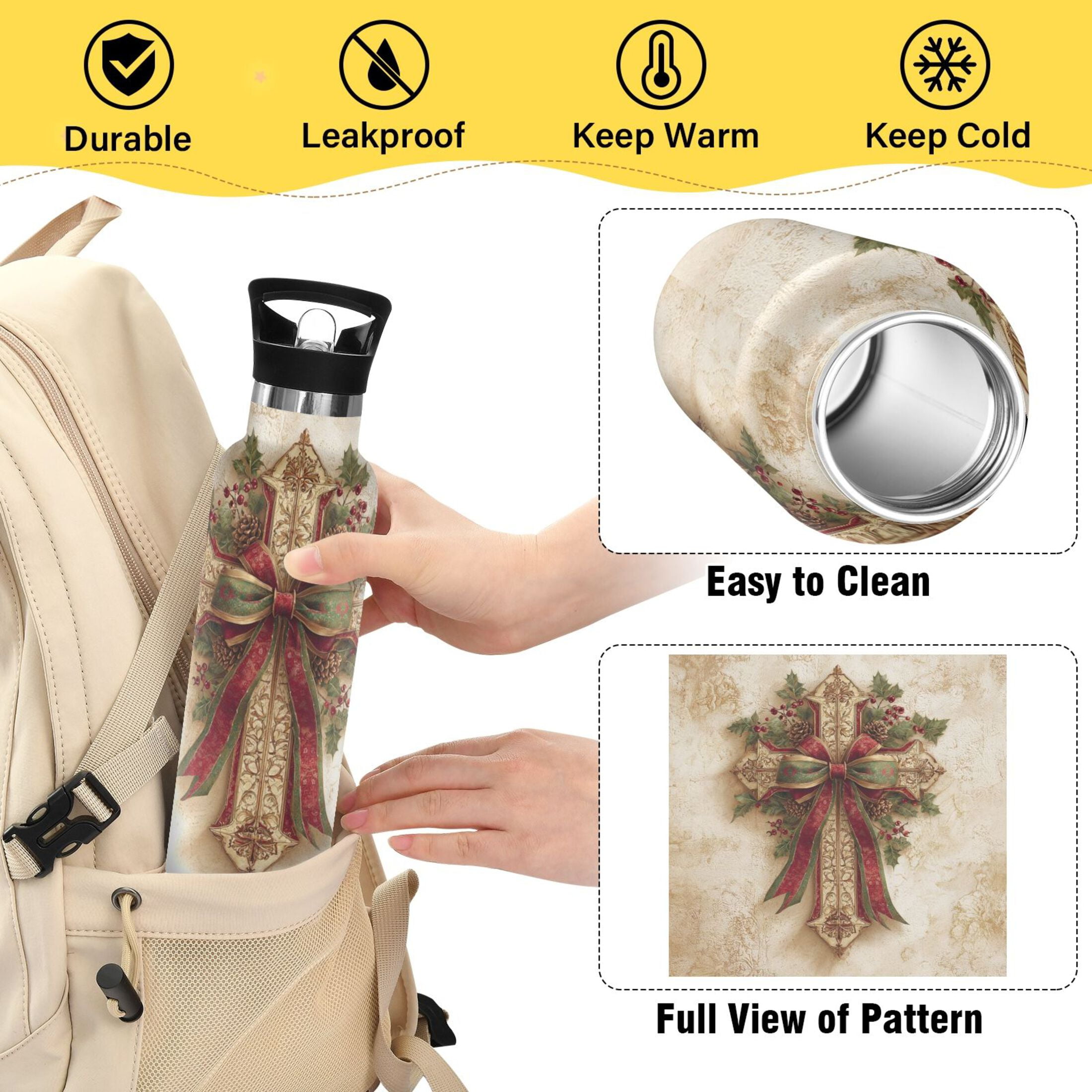 600ML Stainless Steel Insulated Cup Sports Water Bottle Portable Thermos Cup Water Glasses Insulated Tumblers Convenient and Durable Lovely Christmas Cross