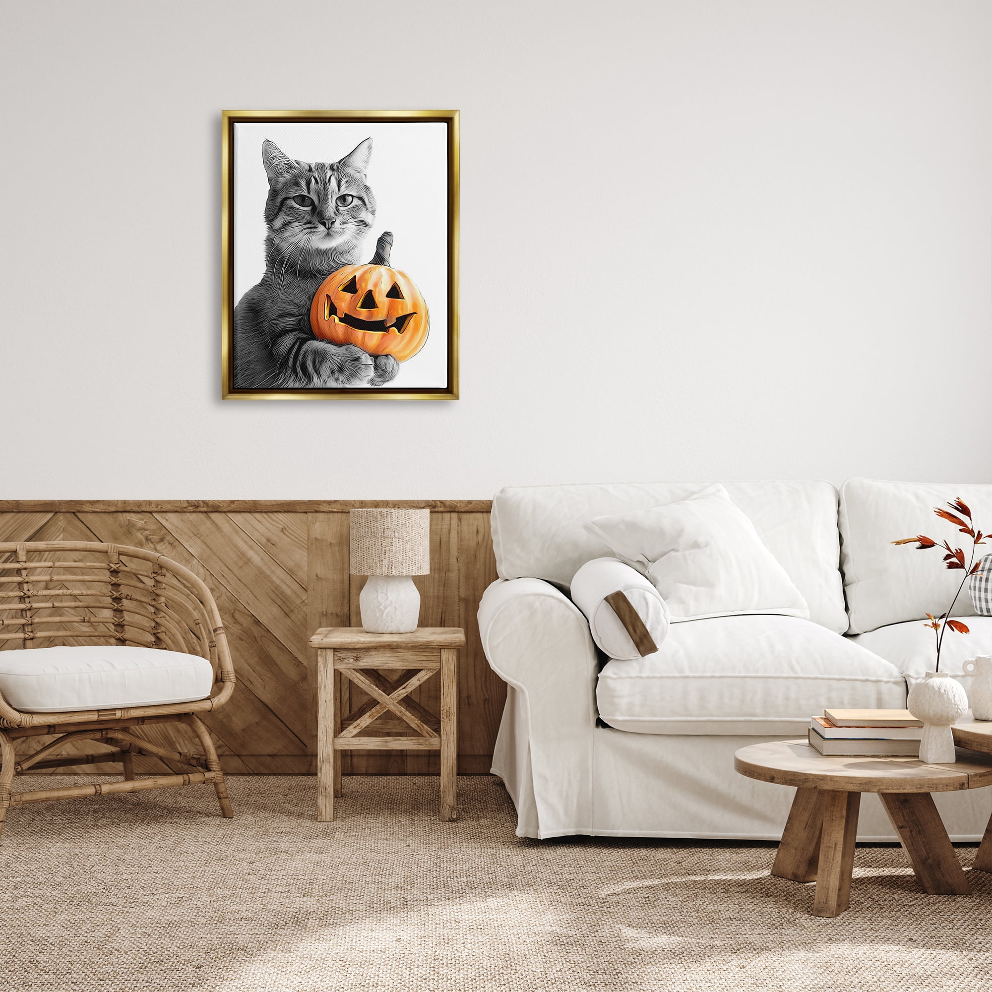 Stupell Industries Cat & Jack-o-Lantern Holiday Painting Gold Floater Framed Canvas Art Print Wall Art, 25 x 31