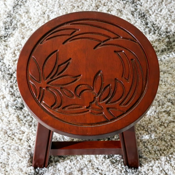 Newboti Furniture Carved Wooden Step Stool, Floral, Cherry 18296