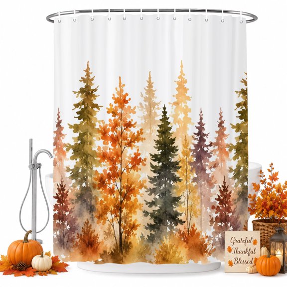 Shower Curtains for Bathroom-36"x72",Nature Watercolor Autumn Forest Waterproof Bath Curtain Grommet Shower Curtain Set with Hooks