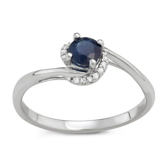 MyDiamondBox 1/20cttw White Diamonds & Natural Blue Sapphire Center Gemstone Swirl Shank Promise Ring crafted in 10KT White Gold Real Diamond Ring for Women, US7