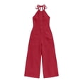thumbnail image 6 of Linen Jumpsuit for Women Playsuits Wide Leg Dressy Pants Overall Ladies Summer Casual Dungarees Romper with Pockets Red L, 6 of 7