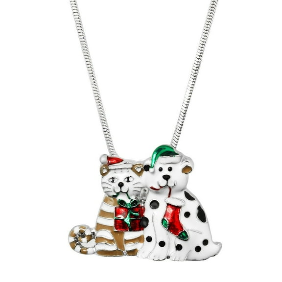 Christmas Dog & Cat Pendant Necklace Hand Painted Rhinestone Crystal Rhodium Plated 17 Inch Snake Chain J0448