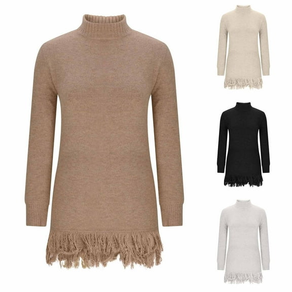 Ashirexll Sweaters for Women Trendy, Pullover Sweaters for Women, Sweaters for Women Solid High Neck Long Sleeve Fringe Sweater Dress Tunic