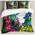 thumbnail image 1 of Orchids Duvet Cover Set Queen Size, Retro Revival Pattern with Blossoms White Polka Dots on Blue, Decorative 3 Piece Bedding Set with 2 Pillow Shams, Pale Blue Dark Green and White, by Ambesonne, 1 of 3