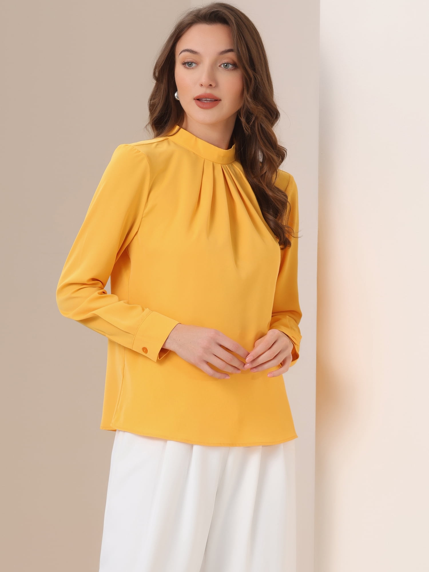 DARING DIVA Chiffon Blouse for Women's Long Sleeve Work Shirt M Yellow