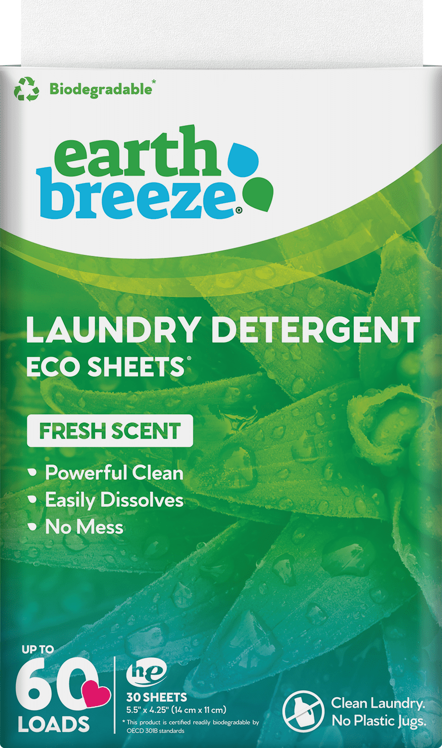 Earth Breeze Laundry Detergent Sheets Fresh Scent No Plastic Jug (60 Loads) 30 Sheets