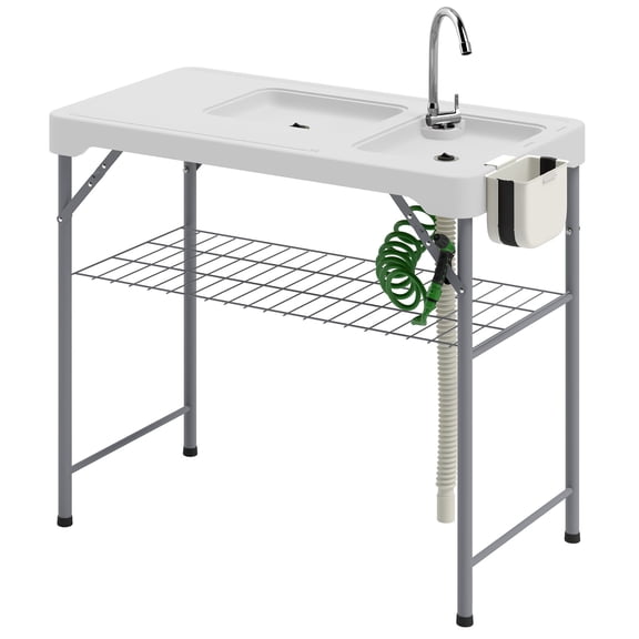 Dranite Camping Sink Table with 2 Basin Sinks, Faucet, Sprayer, Shelf, Drawer, and Storage Basket