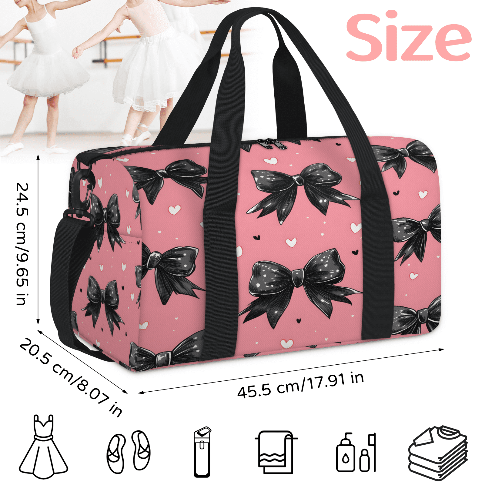 Herdesigns Black Bow Gym Bag for Women, Duffle Bag for Travel Sport, Love Heart Lightweight Waterproof Carry on Weekender Dance Yoga Workout Bags