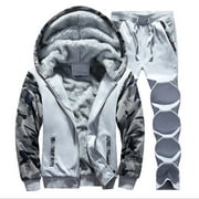 Olyvenn Men's Camouflage Stitching Loose Casual Hooded Sweater + Pants Two-Piece Hooded Two-Piece Sports Sweatshirt Long Sleeve Hooded Suit Top Coat for Men 2023 Trendy Gray 6