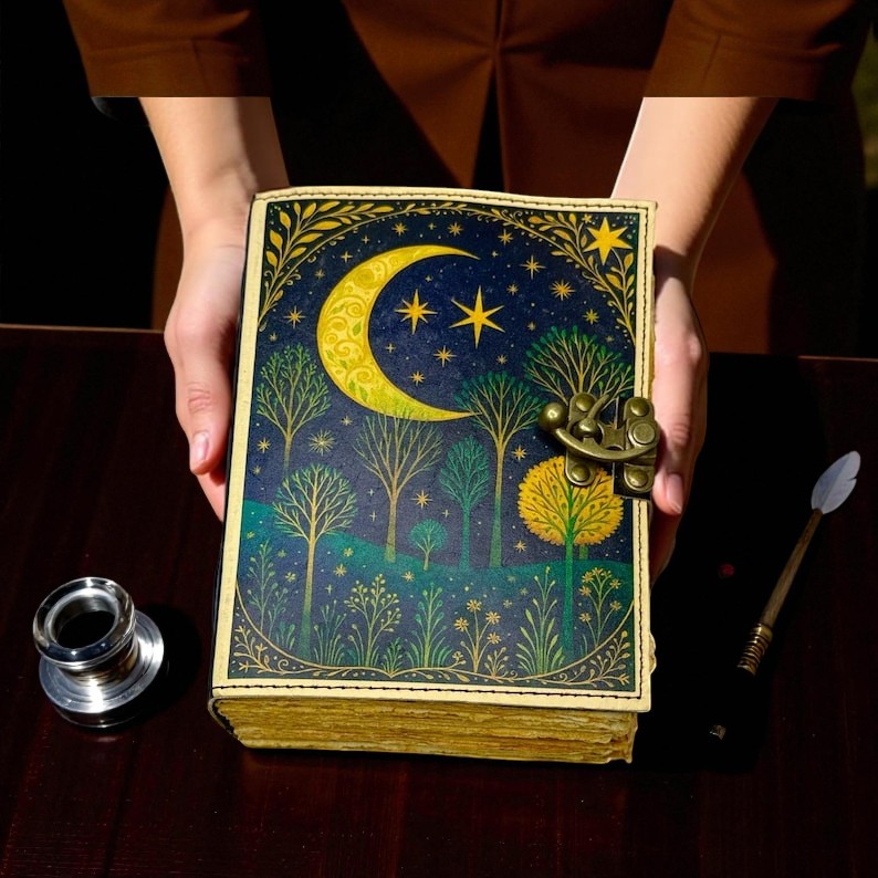 Leather Moon Tree Witchcraft Journal – Handmade 5x7 Inch Grimoire, 200 Deckle Pages, Wiccan Pagan Spellbook, Witchy Notebook
