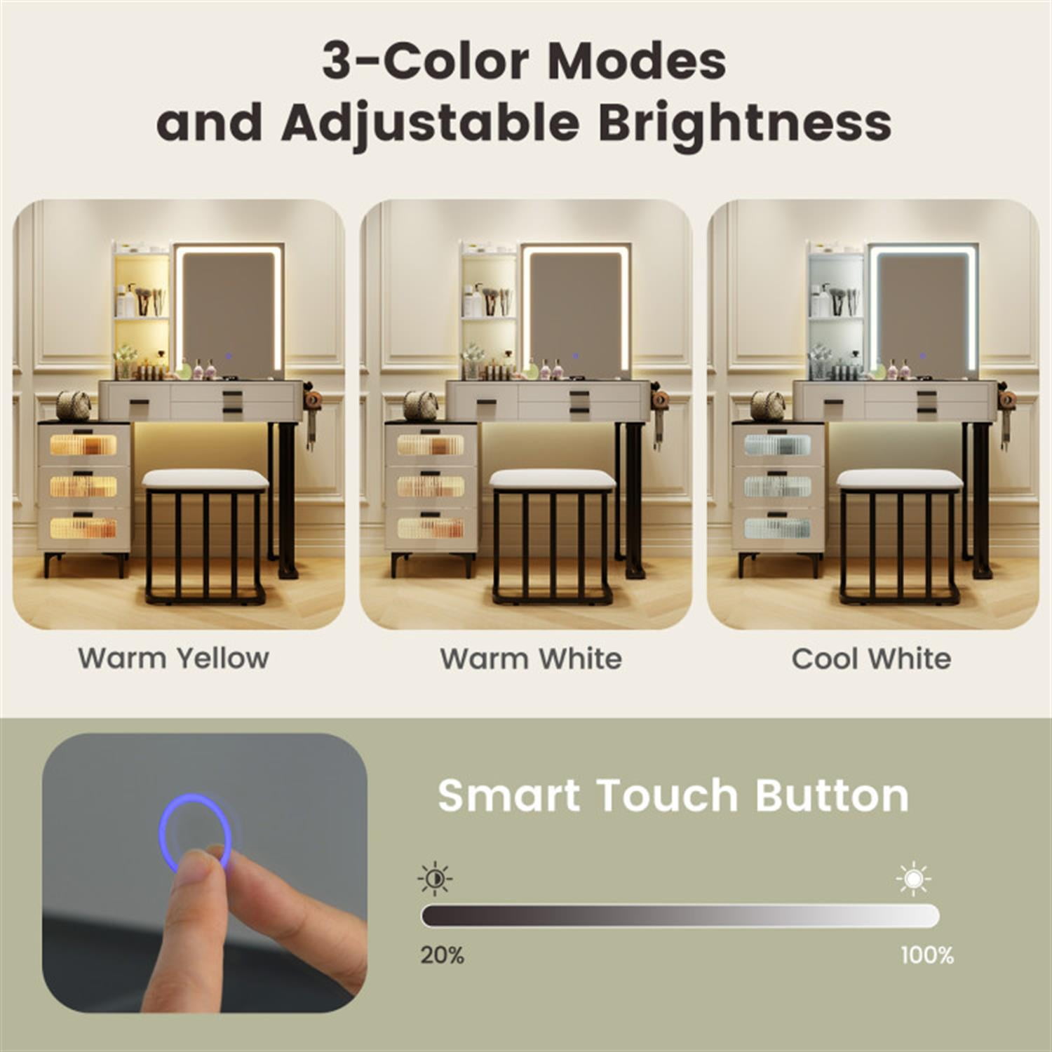 Demi Bonn Makeup Vanity Dressing Table and Stool Set with Mirror and 3-Color LED Lights, Vanity Desk for Bedroom Dressing Room, White