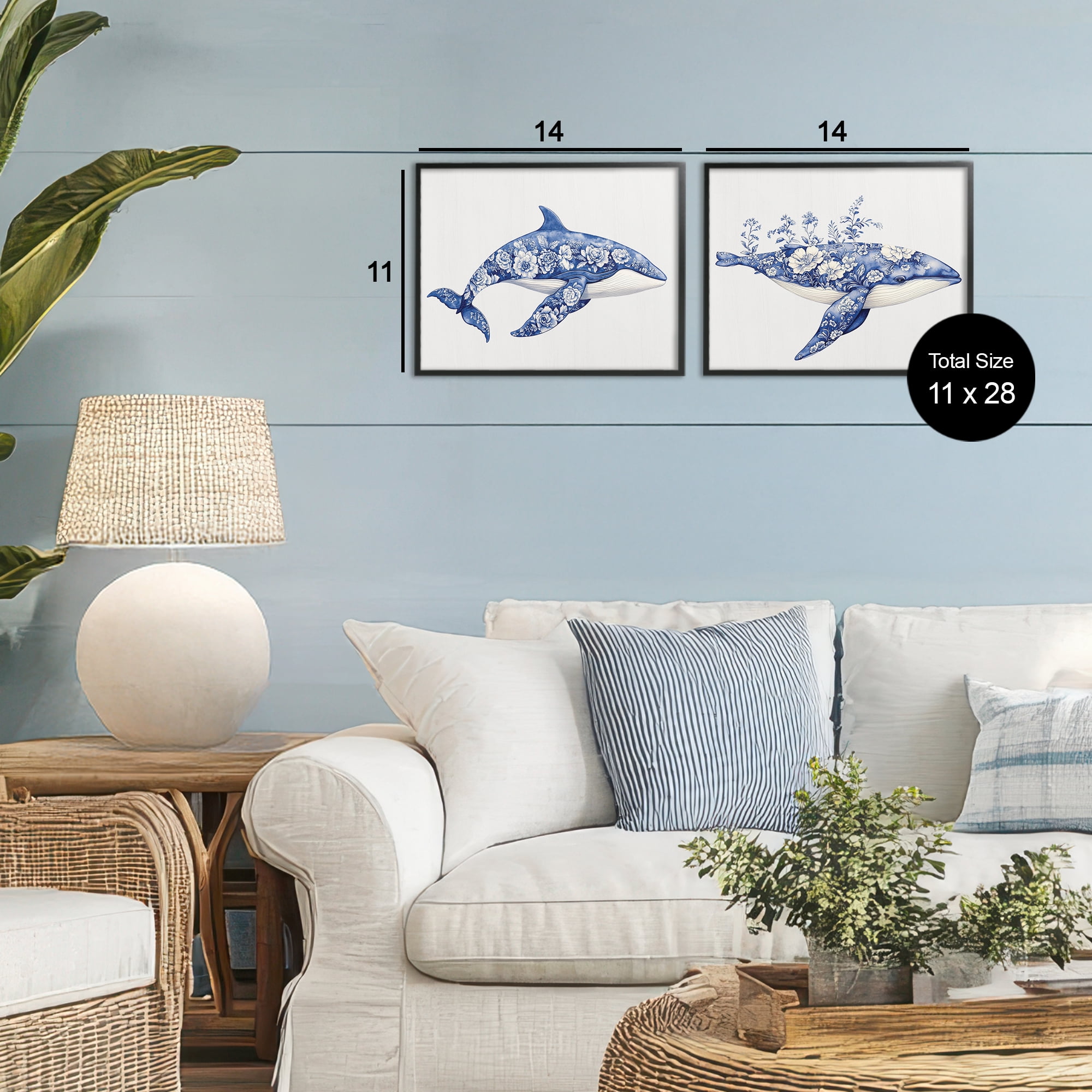 Blooming Toile Pattern Whales 2 Piece Black Framed Giclee Art Set, design by Lettered and Lined