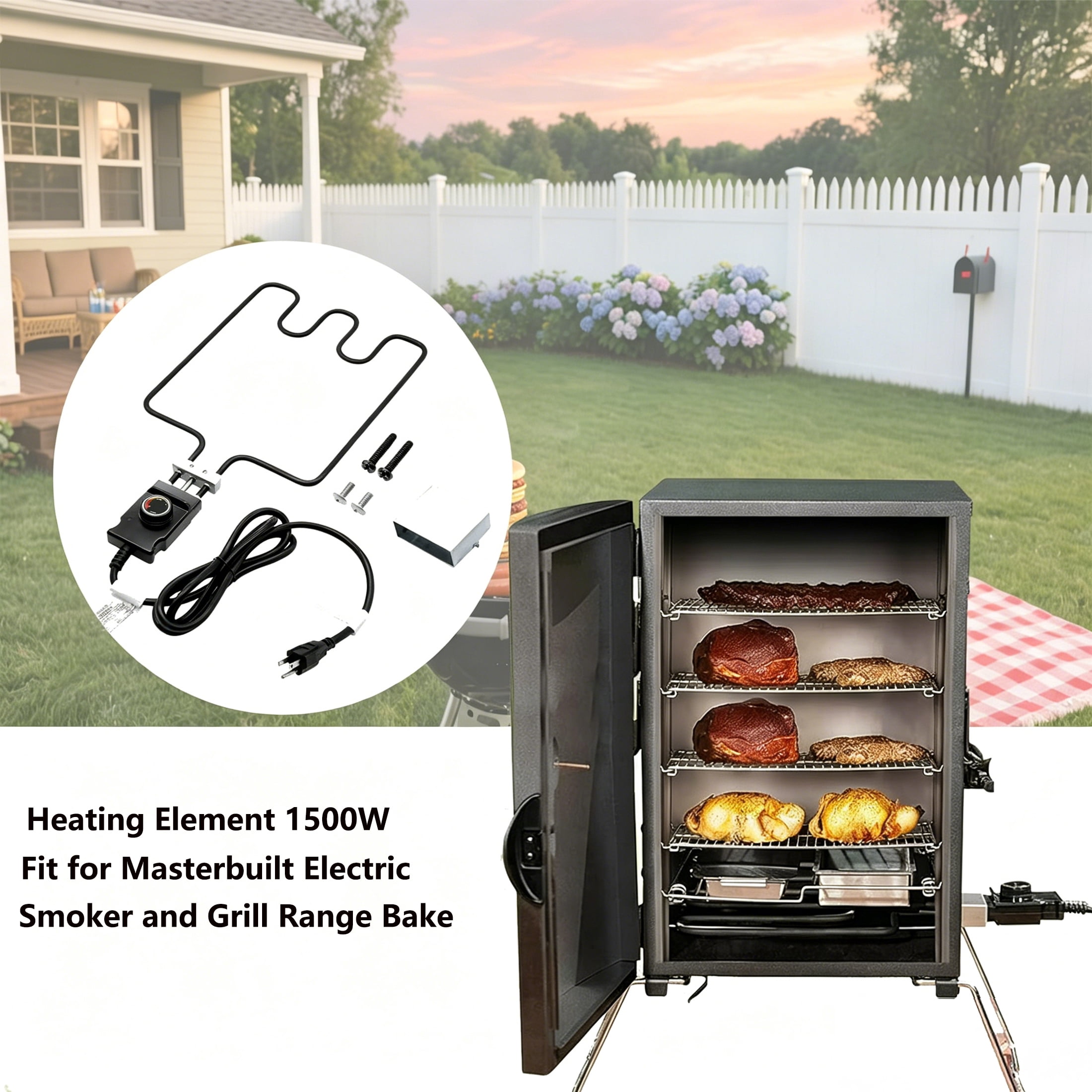 Heating Element 1500W with Adjustable Thermostat Cord Controller Fit for Masterbuilt Electric Smoker and Grill Range Bake