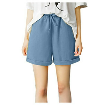 WNVMWI Womens Shorts Yoga Shorts for Women Boyfriend Shorts for Women Summer Drawstring Casual Elastic Waist Loose Wide Leg Pocketed Shorts Casual Shorts Hot Pants Blue Womens Plus Shorts 4XL