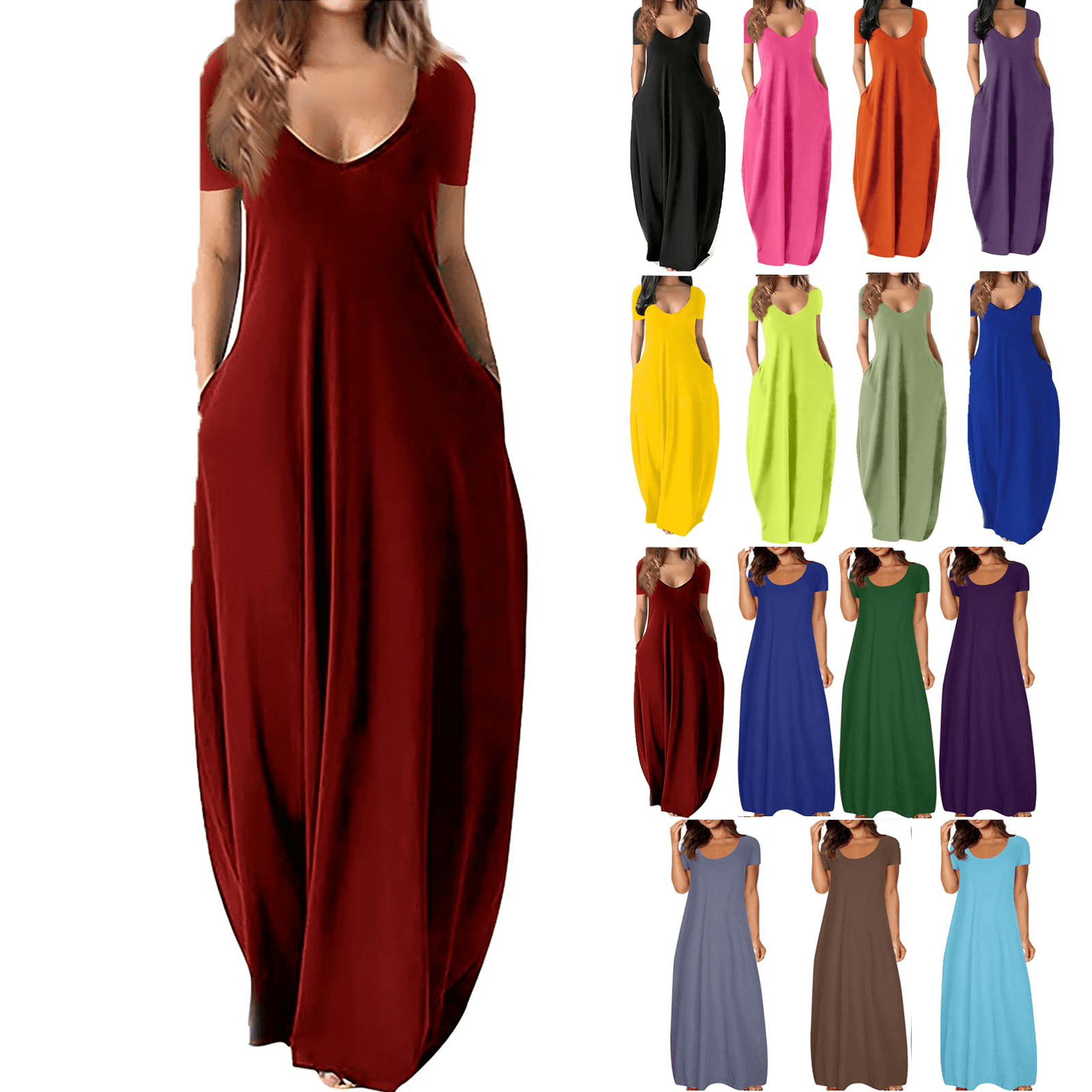 Summer Dresses for Women Plus Size V-Neck Maxi Dress Summer Fashion Solid Color Short Sleeve Ruffle Dress Women's Loose-Fit Casual Swing Dress