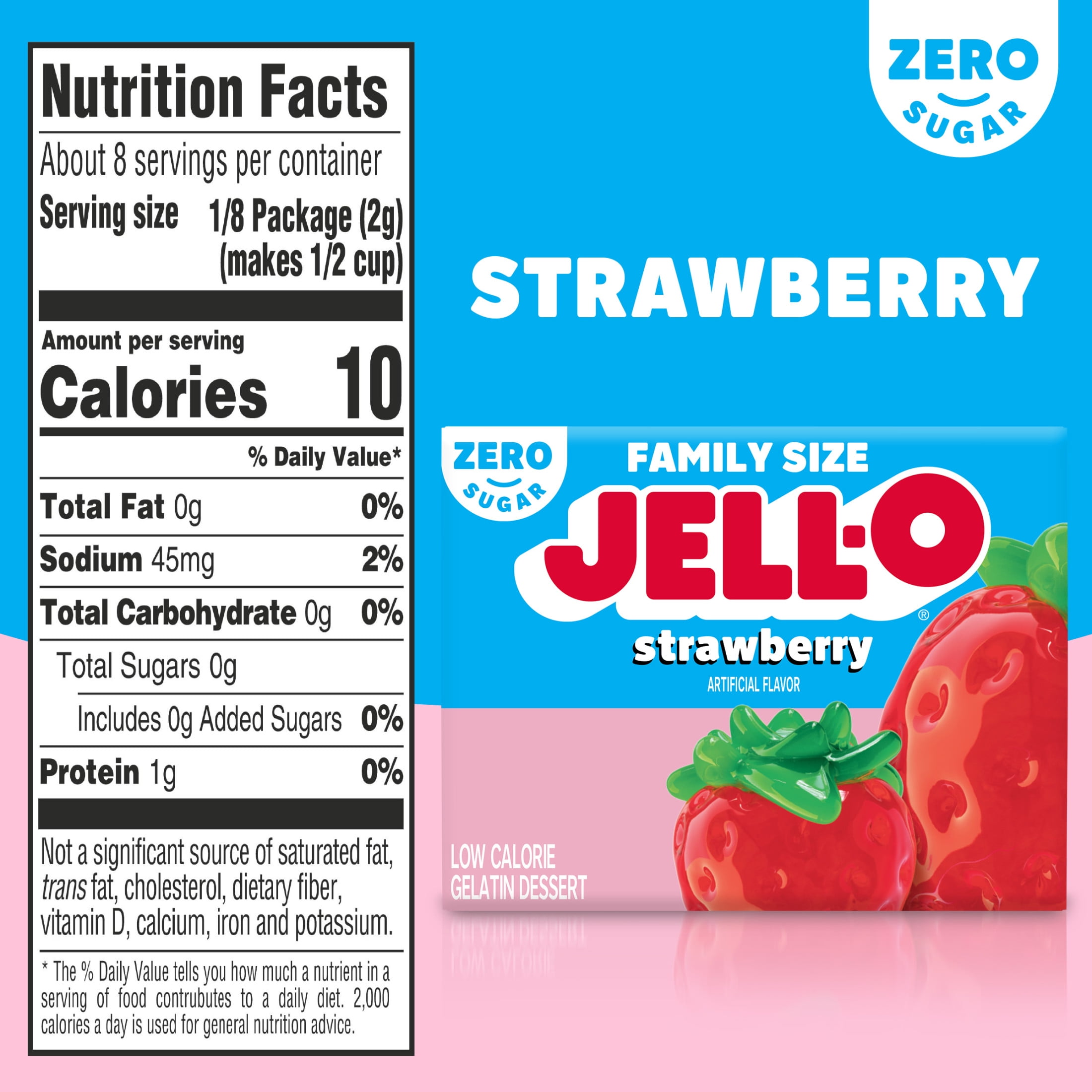 (3 pack) Jell-O Strawberry Zero Sugar Low Calorie Gelatin Dessert Mix, Family Size, 0.6 oz Box