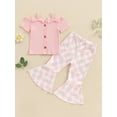 thumbnail image 2 of Suealasg Toddler Girls Clothes 1T 2T 3T 4T 5T Kids Little Girl Summer 2Pcs Outfit Short Sleeve Cold Shoulder Tops Checkerboard Daisy Print Flare Pants, 2 of 7