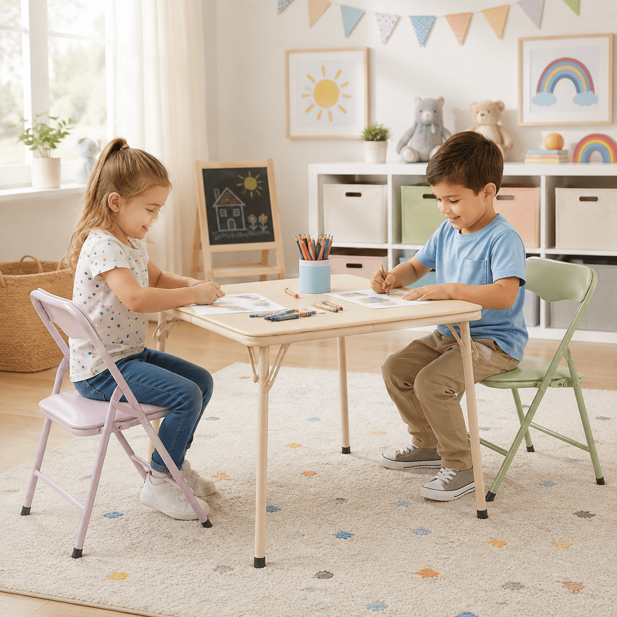 Homy Casa 3-Piece Kids Table and Chairs Set, Folding Activity Table for Toddlers Arts Crafts Playroom Preschool