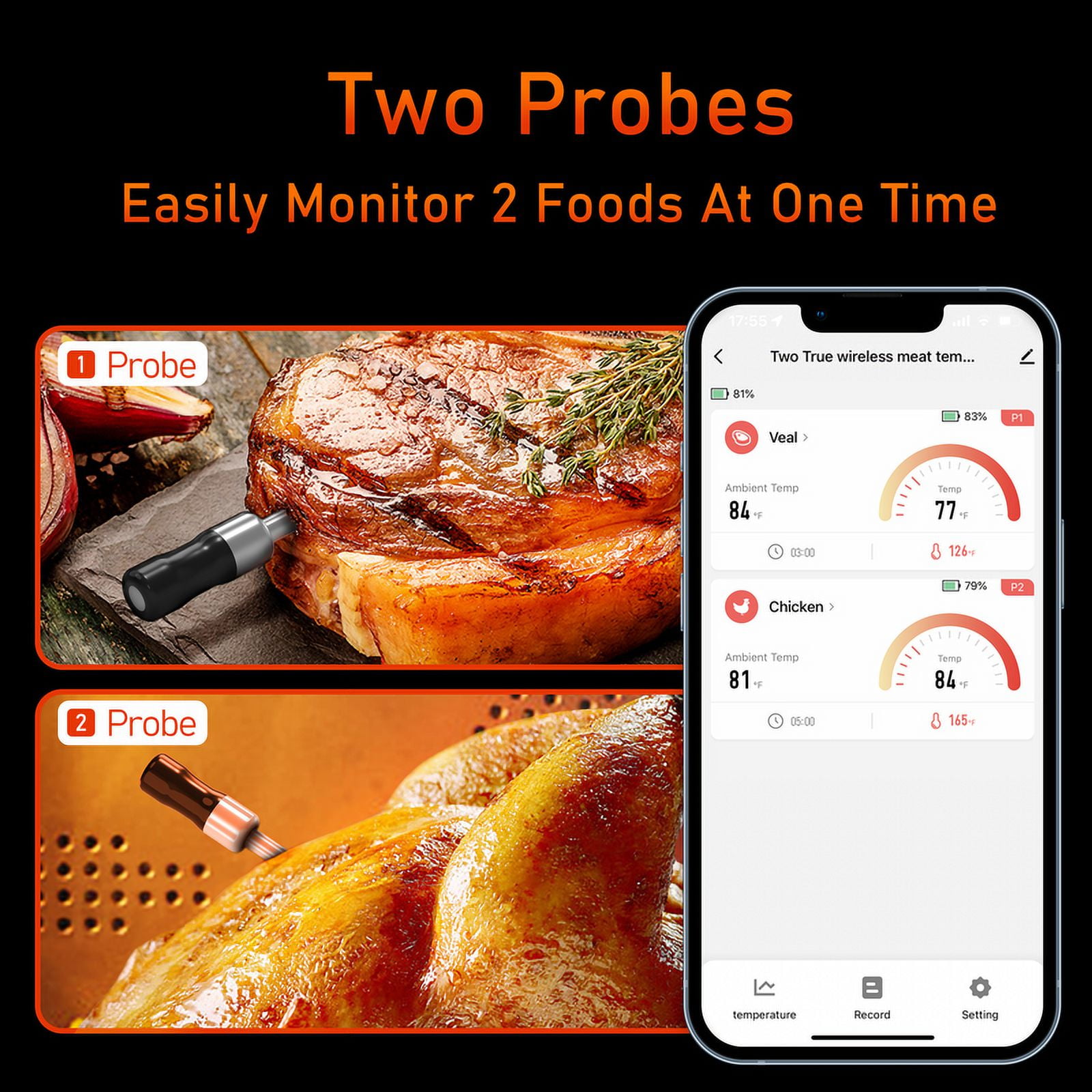 AlfaBot Wireless Meat Thermometer Digital, 2 Probes, Improved Stability, 520FT Bluetooth Cooking Thermometer for Grill, BBQ, Smoker, Air Fryer, Rotisserie