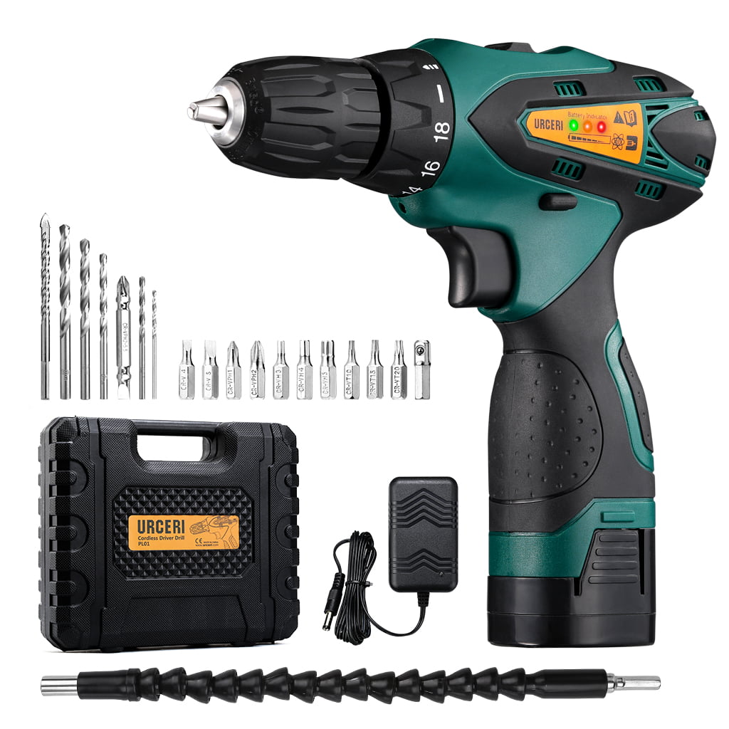Screwdriver & Drill Bits Yel Multiple Sockets Magnetic Tip Holder & Flexible Shaft URCERI 14.4V Cordless Electric Drill Kit 2000 mAh Lithium-ion Battery 18+1 Keyless Clutch 2-Speed Driver with LED