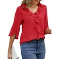 thumbnail image 4 of UVN Chiffon Blouses for Women Dressy Ruffle V Neck Tops Summer Casual 3/4 Sleeve Shirts, 4 of 10