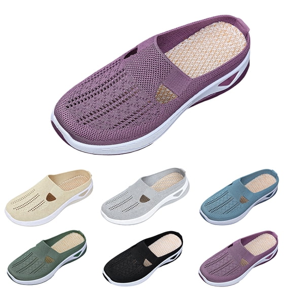 Breathable Slip On Backless Sneakers for Elderly Women, Summer Mesh Mules Women Closed Toe Clogs Comfortable Non-Slip Orthopedic Walking Flats, Lightweight Open Back Tennis Shoes