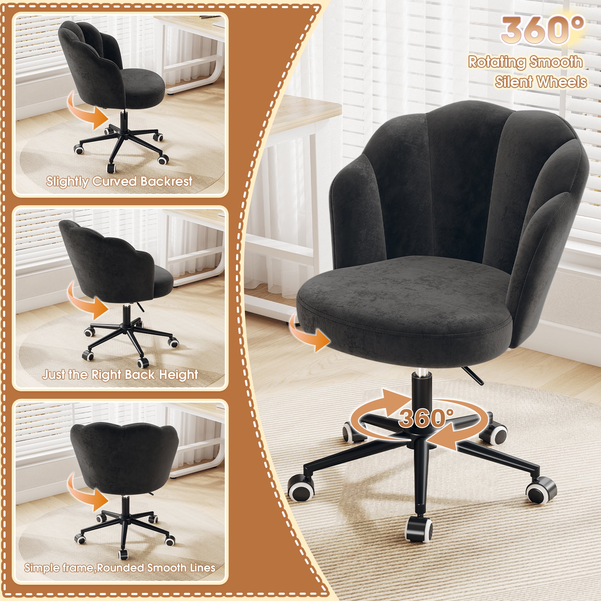 Romorgniz Velvet Vanity Chair with Petal Backrest Height Adjustable Desk Chair with Wheels Seashell Makeup Chair for Bedroom, Black