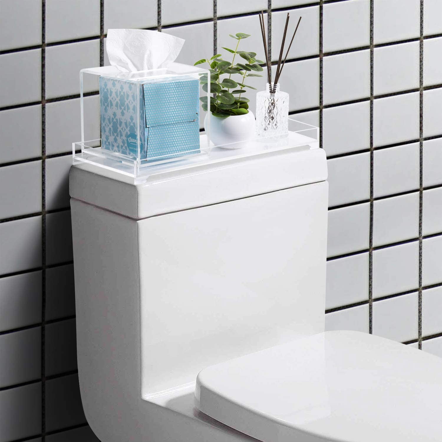 MyGift Modern Clear Acrylic Toilet Tank Vanity Tray with Square Tissue