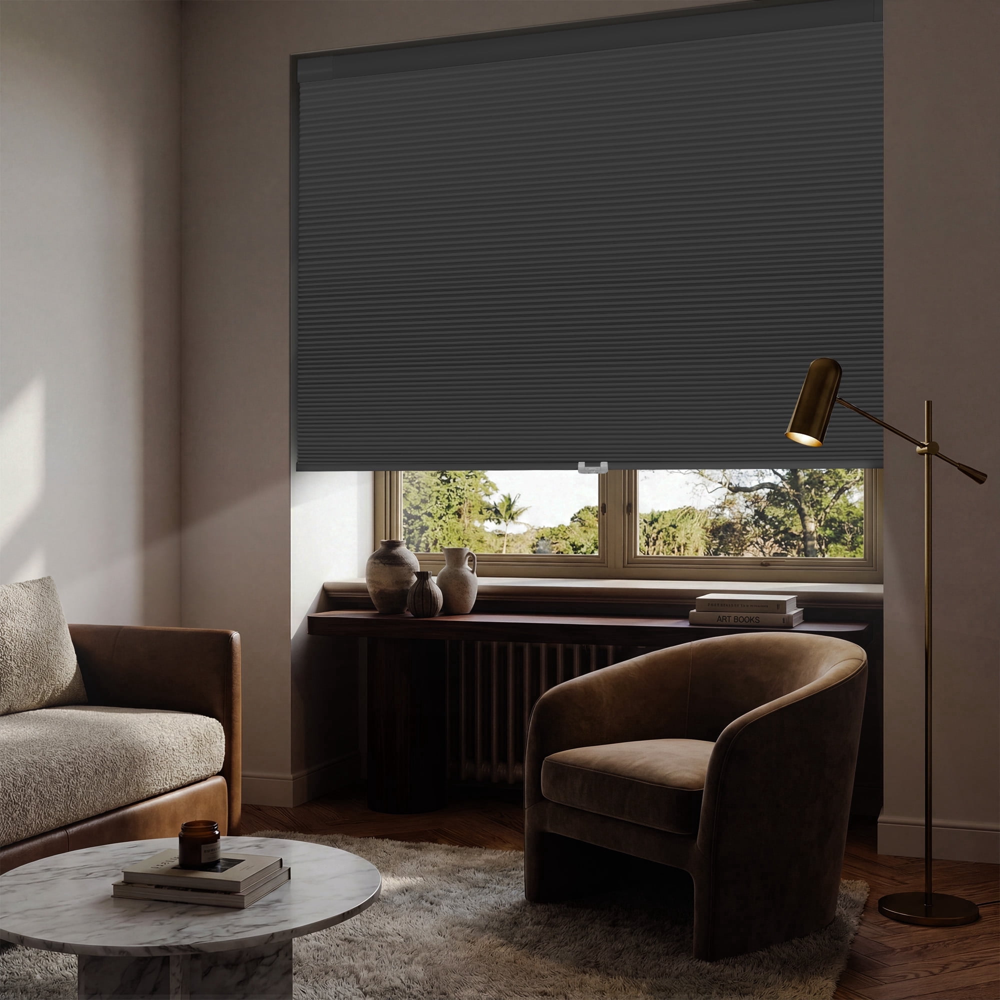 BERISSA Cordless Blackout No Drill No Tools Cellular Shades, Pull Down Window Blinds,Black,34" W x 48" H