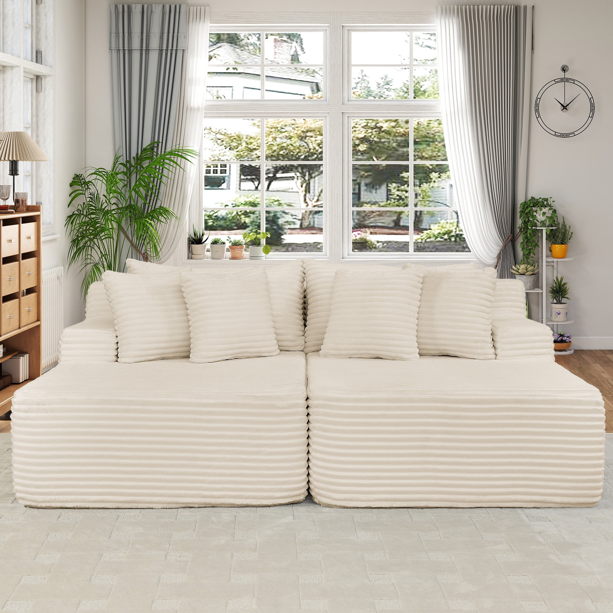 Muumblus 83" Oversized Double Chaise Lounge Chair Indoor, Modern Boneless Plush Corduroy Upholstered Modural Sectional Sleeper Cloud Couch for Living Room Apartment, Beige