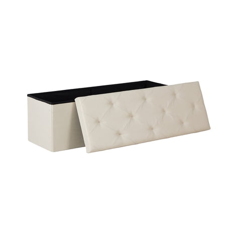 Gianna 43 Inch Folding Ottoman With Storage Bench, Bedside Storage Bench With Linen Top Cover and Cushion, Footrest Suitable for Bedroom, Living Room, Beige