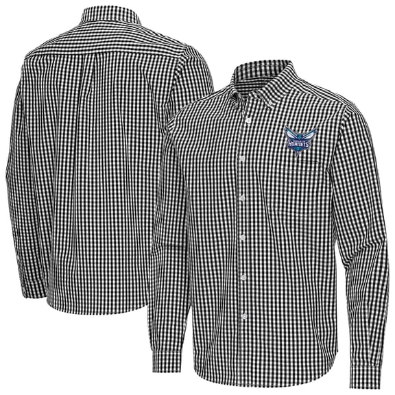 Men's Antigua Black Charlotte Hornets Ellis Woven Tri-Blend Button-Down Shirt
