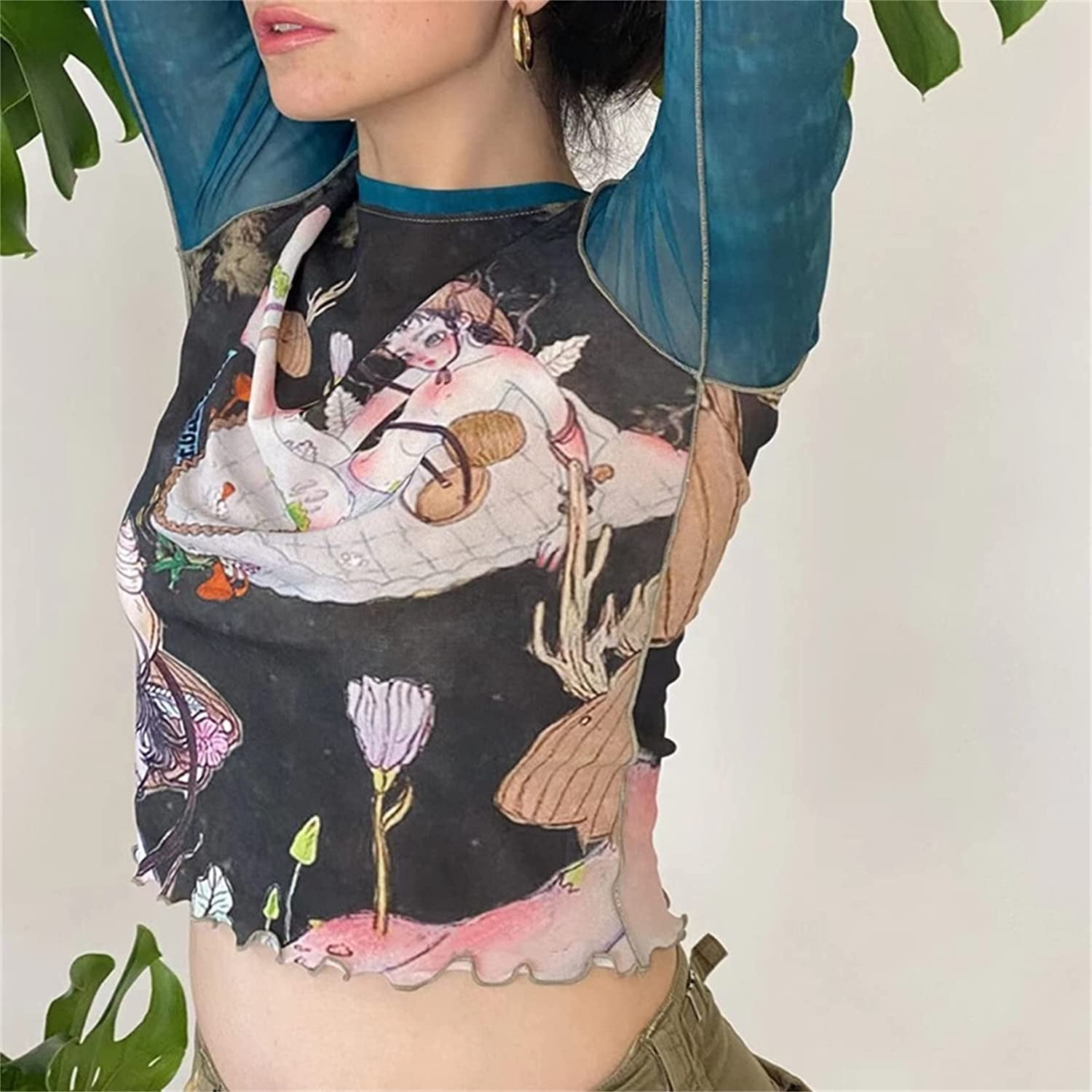 DanceeMangoos Fairy Grunge Clothes Y2k Aesthetic Color Block Patchwork Crop  Tops 90s Trendy Crewneck Shirt Vintage Fall Outfits 
