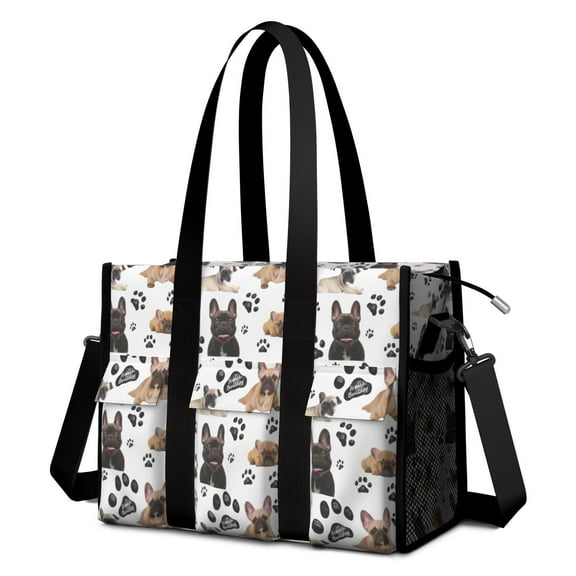 Teacher Tote Bag,French Bulldog Footprint Teacher Utility Tote Bag,Large Work Tote Bags for Women with Multiple Pockets,Top Zipper Closure,13.8x10.6x6.7 Inch