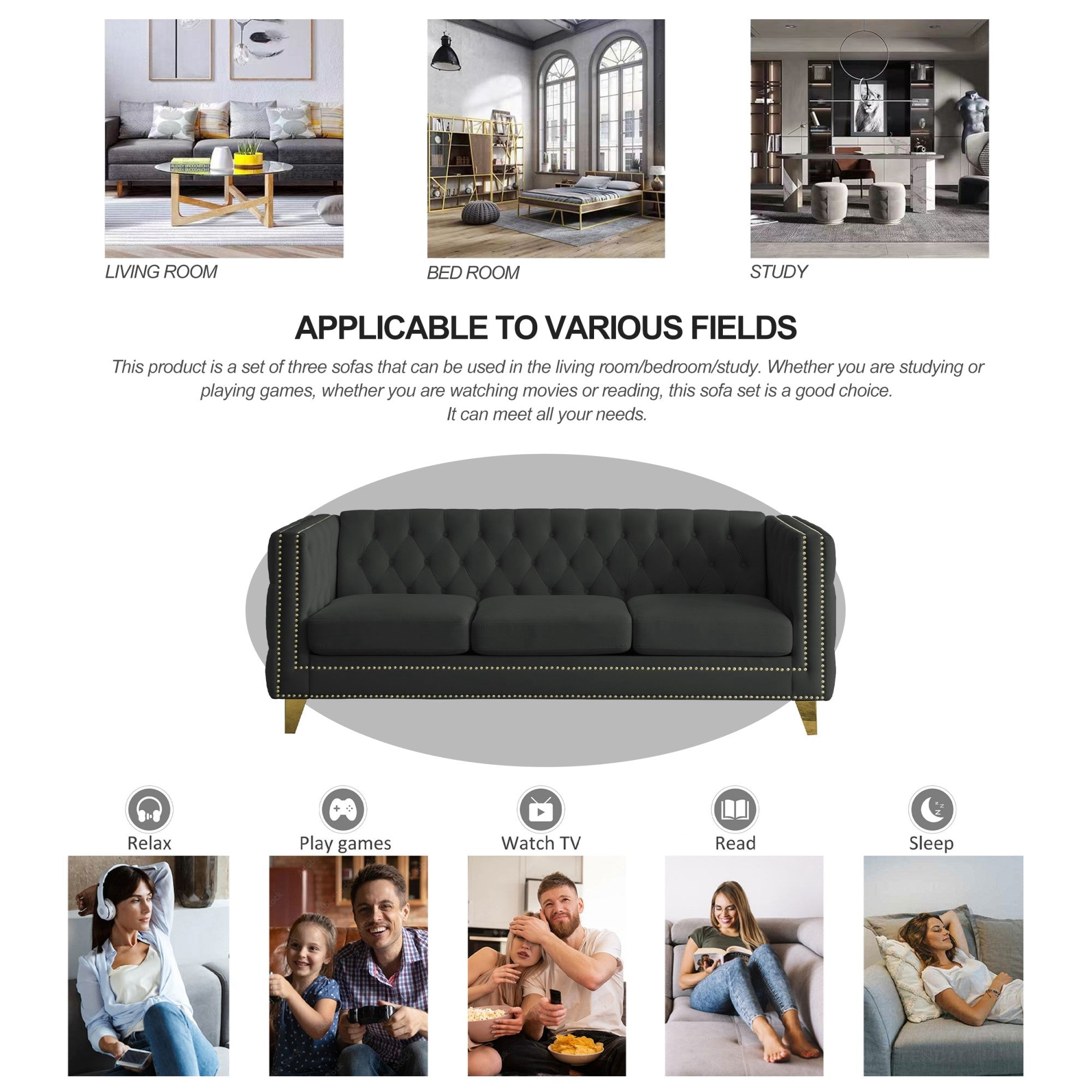 Sailvan 67" Modern Velvet Sofa, Button Tufted Chesterfield 3-Seater Couch with Nailhead Trim and Metal Legs for Living Room Black