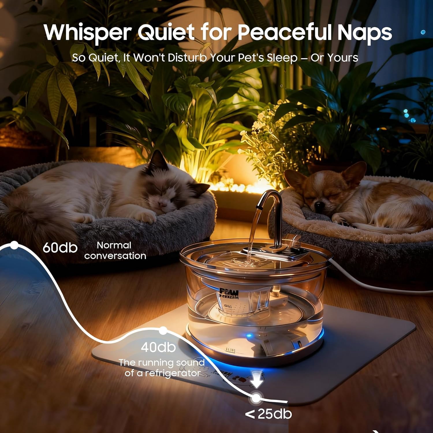 Glass Cat Dog Water Fountain 70oz/2.1L for Cats Dogs with 3 Spray Heads with LED Light,Ultra-Quiet, Automatic Water Dispenser, Glass & Stainless