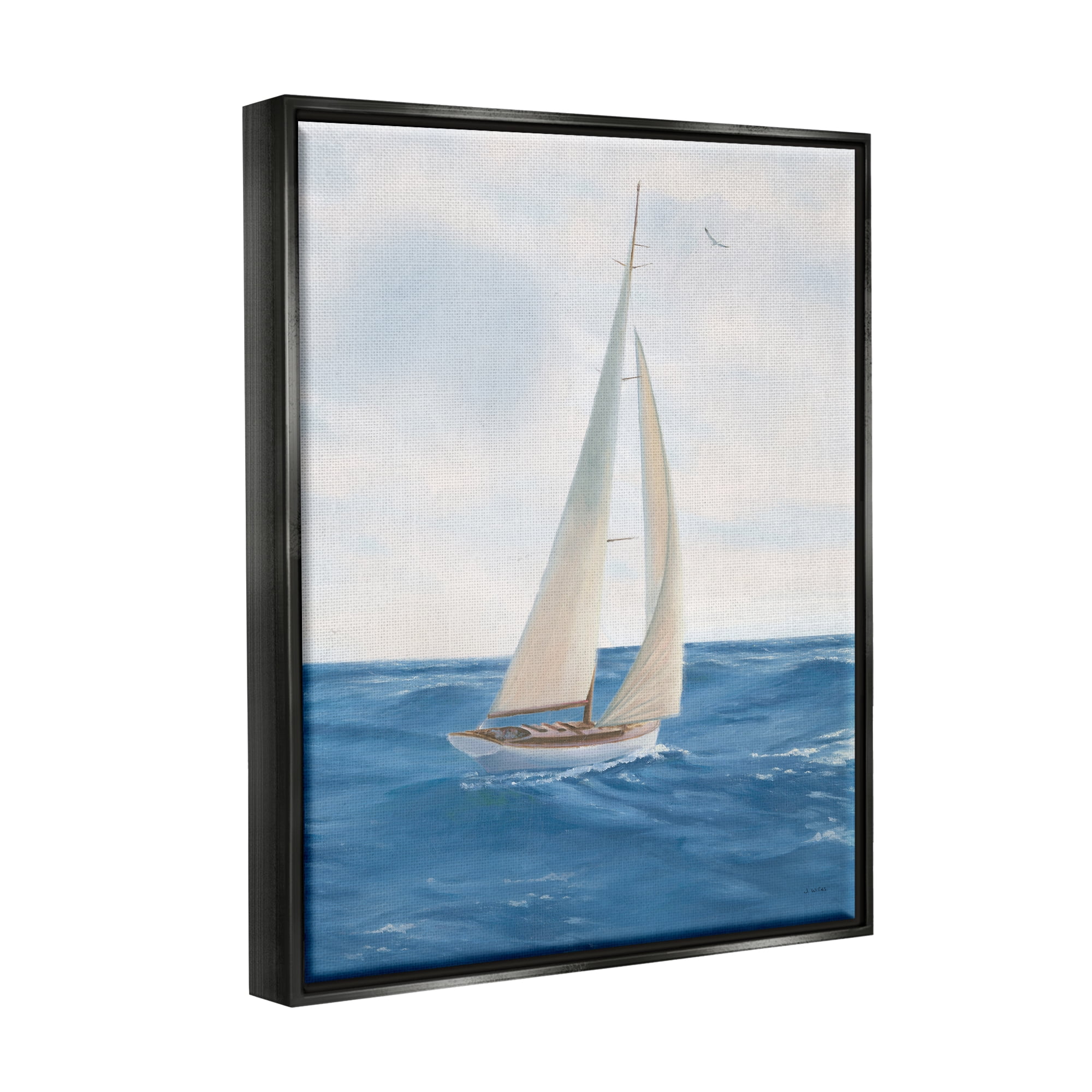 Stupell Industries Sailboat in Ocean Waves Transportation Painting Black Floater Framed Art Print Wall Art, 17 x 21