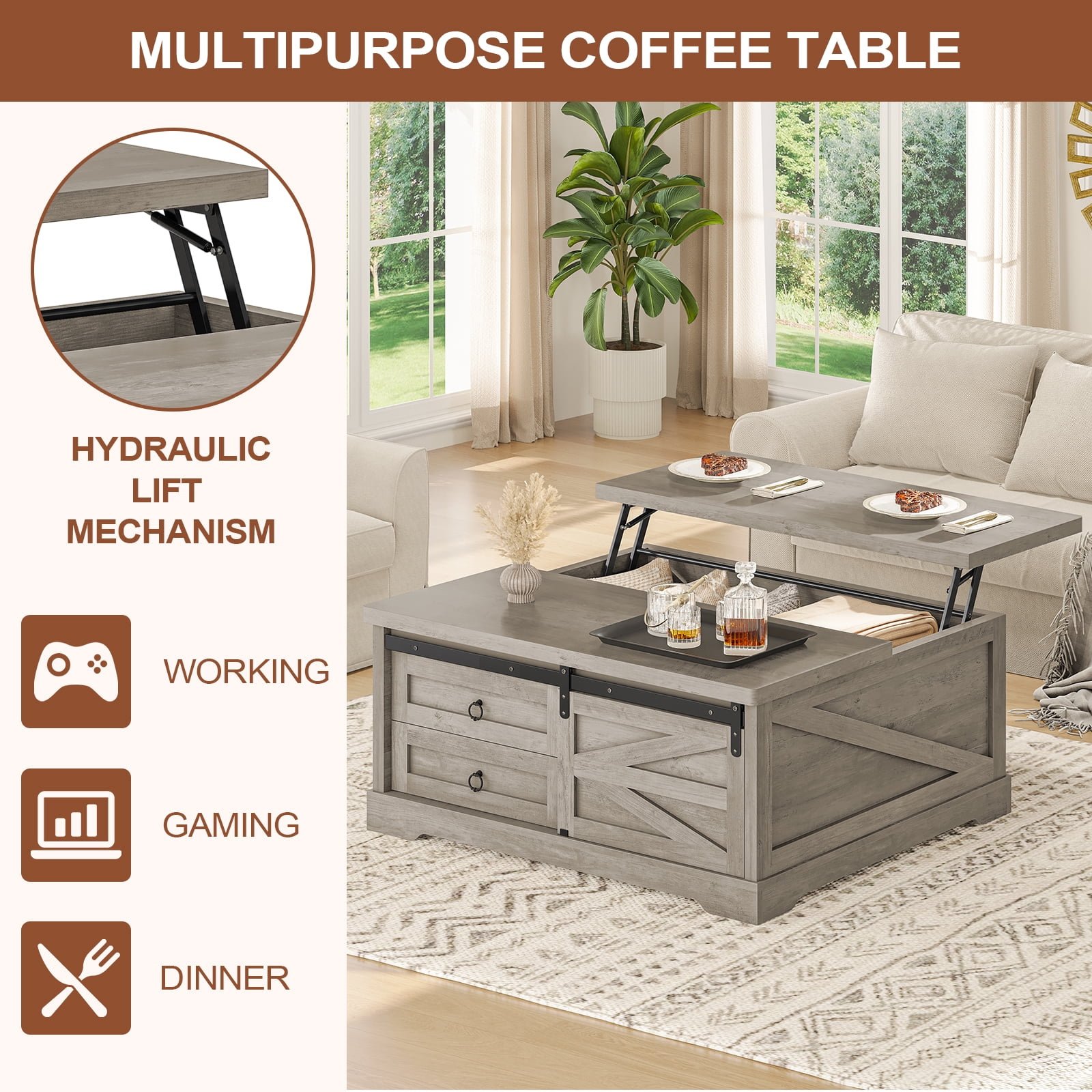 39.4'' Lift Top Coffee Table with 2 Storage Drawers and Large Hidden Compartment, Farmhouse Coffee Table for Living Room