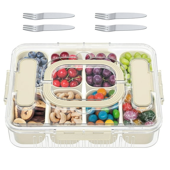 GPED Snackle Box Container, Divided Serving Tray with Lid and Handle, Clear Plastic Portable Snack Box with 8 Compartment, Perfect for Candy, Cookies, Relish, Fruit, Nuts, Picnic, Travel, Party