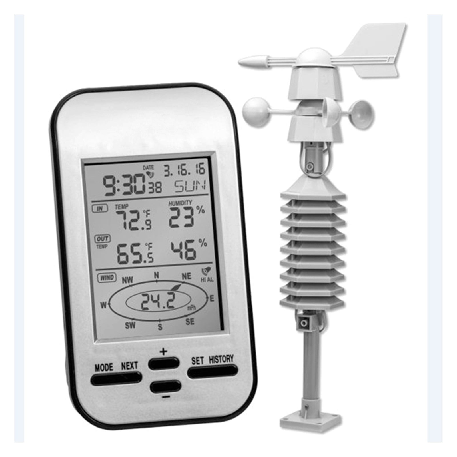 WS0232 Home Wireless Weather Station Anemometer Digital LCD Outside Wind Speed Direction Chill Temperature Humidity Meter Sensor ,Easy to Operate