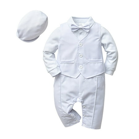 

FYMNSI Baby Boy Formal Suit Infant Tuxedo Long Sleeve Gentleman Dress Jumpsuit Overall Romper Beret Hat 3pcs Set Wedding Birthday Baptism Outfit Occasion Clothes 6-9 Months White