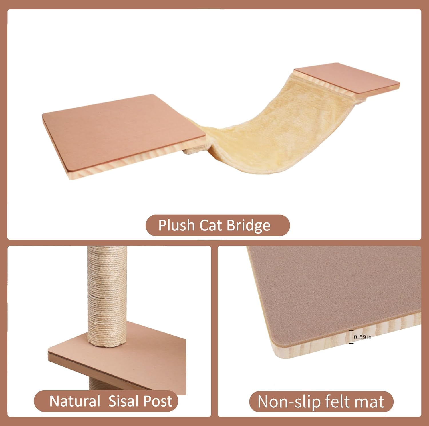 Wall Mounted  Shelves Set with Scratching Post, Hammock and Steps for Small Medium Cats - Beige Solid Wood Climbing Furniture