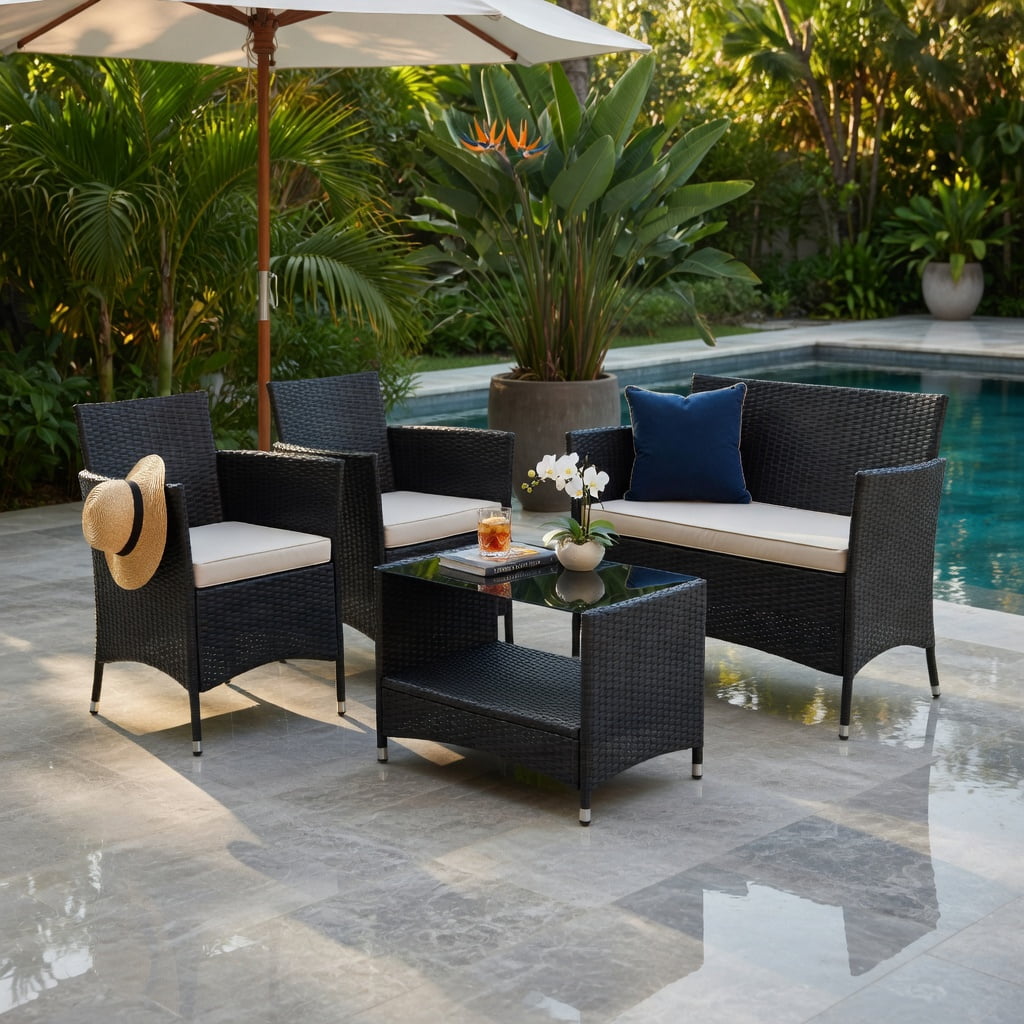 Hommoo 4-Piece Outdoor Patio Conversation Set, PE Rattan Loveseat & Armchairs with Tempered Glass Coffee Table and Removable Cushions, Black